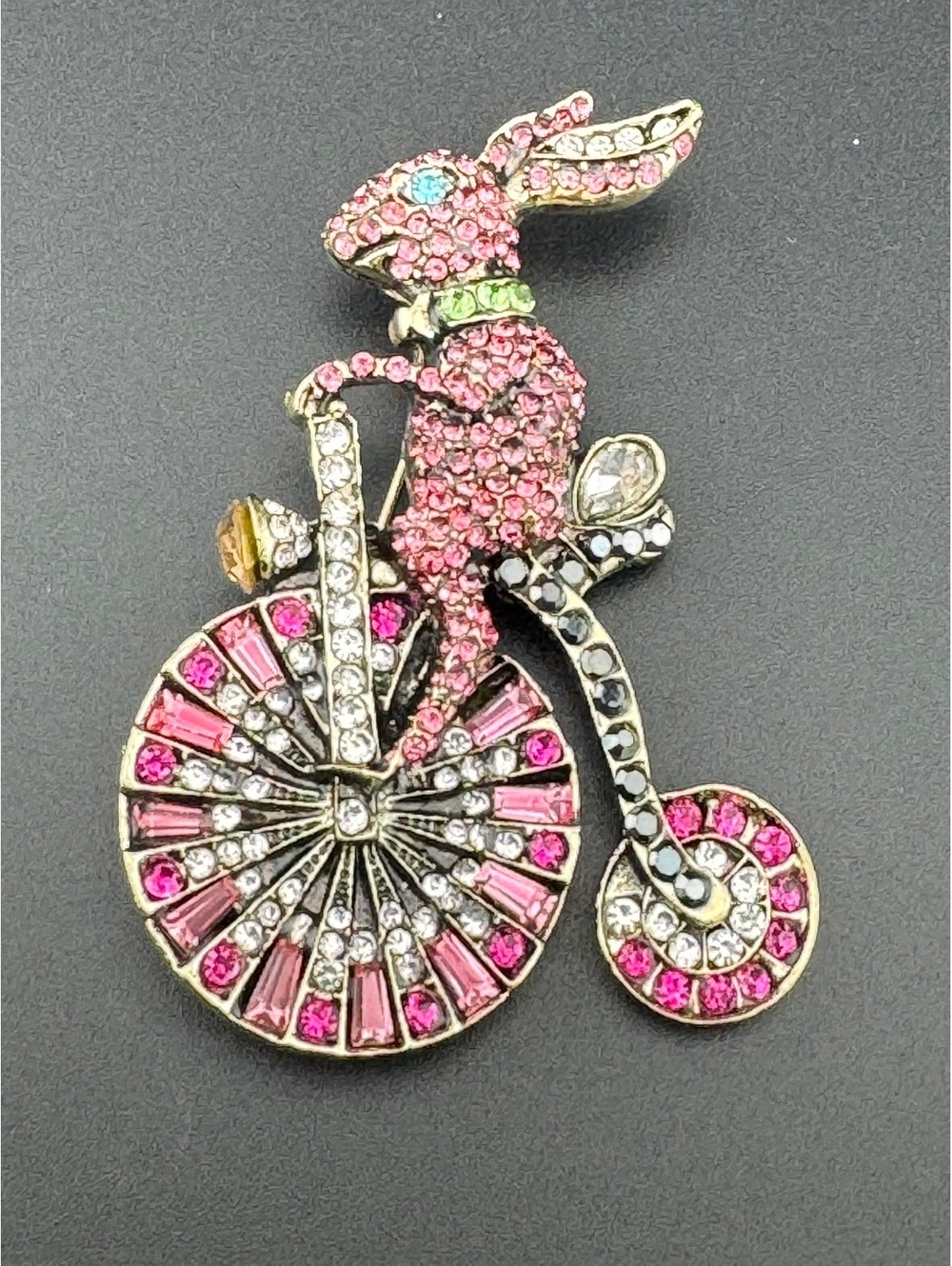 Pink Rhinestone Bunny on Penny Farthing Bicycle Brooch